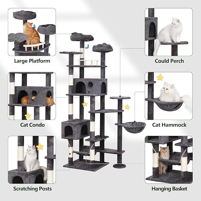 Meecal Cat Tree, 79in Giant Tower for Indoor Cats Large Adult, Smoky Gray | Heavy Duty Cat Trees with Scratching Post, 2 Cat Condos, Hammocks, Perches, Hanging Toys for Multiple Maine Coon, Big Cats