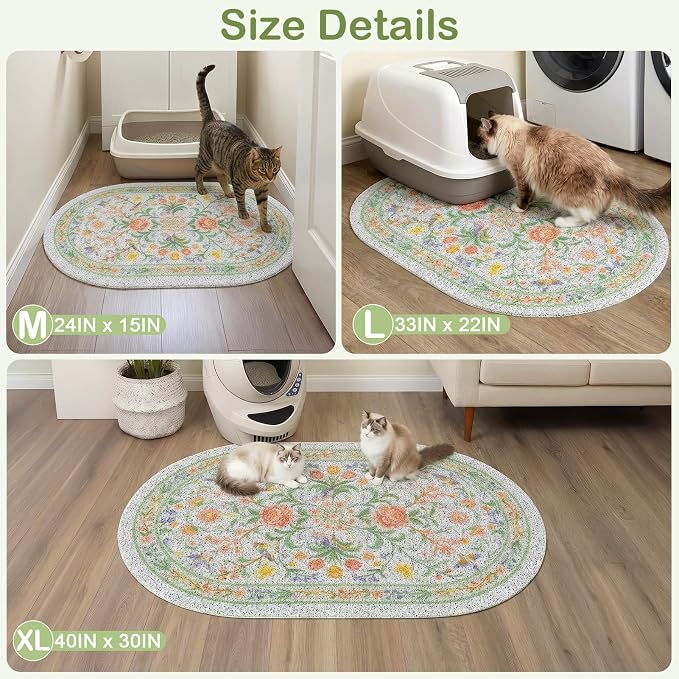 Bienbee Cat Litter Mat, 33" x 22" Large Size Litter Box Mat Rug with Non-Slip Bottom,Urine and Water Proof, Easy to Clean Cat Supplies Essentials for Indoor Kitty Kitten Floor,Pastel Floral L