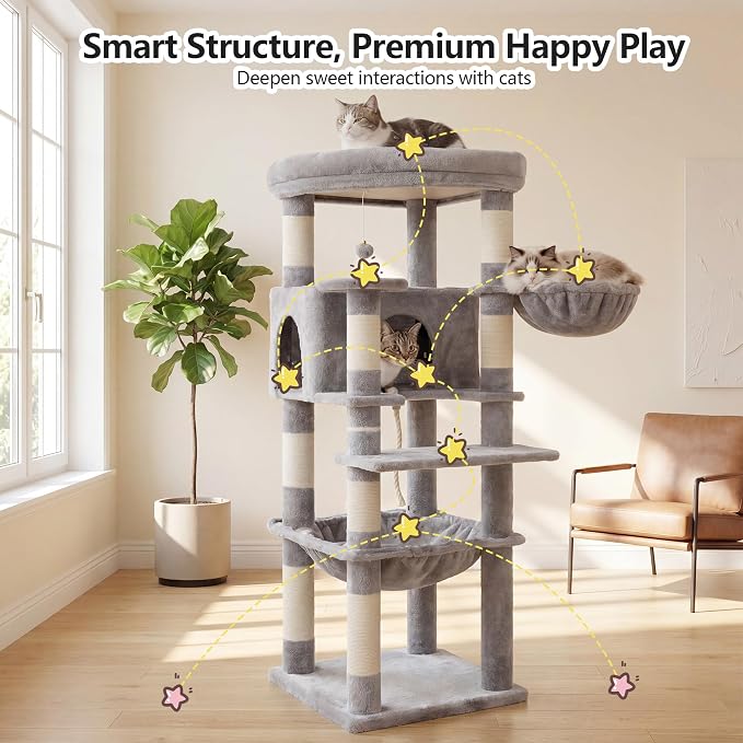 Heybly 53.1" Corner Cat Tree for Large Cats – Interactive Play HCT029W | Sturdy Cat Tower with Cozy Cat Condo, Fan-Shaped Top Perch, Basket, Hammock & Solid Base, Light Gray