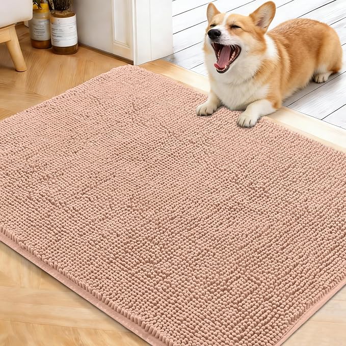 OLANLY Dog Door Mat for Muddy Paws 40x32, Super Absorbent Chenille Mud Mat | Peach, Absorbs Moisture and Dirt, Non-Slip Machine Washable Doormat, Quick-Drying Indoor Entryway Floor Carpet for Dogs
