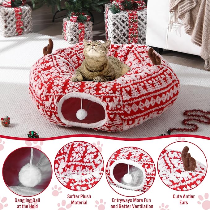Dansydaisy Cat Tunnel Christmas Tree Skirt, Snowflake Deer Cat Tunnel Bed with Toys, Hanging Ball Plush Washable Cushion and Dangling Balls 3FT Peekaboo Playground for Small Medium Rabbit Xmas Decor