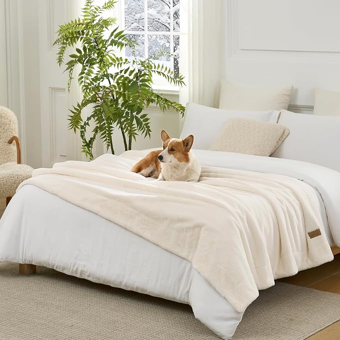 COZY KISS Luxury Faux Fur Throw Blanket Twin, Ultra Soft Waterproof Pet Blanket, Cozy Warm Plush Blanket for Bed Sofa Bedroom Living Room, Liquid Pee Proof for Large Dog or Cat, 60x80 inch, Cream