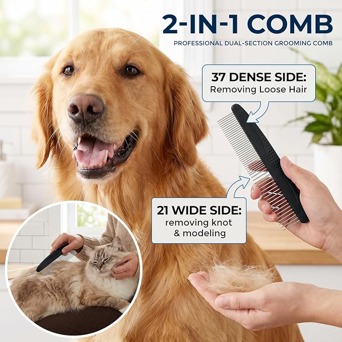 3-in-1 Pet Grooming Kit Rake Metal Comb & Bath Brush Black | Double-Sided Dematting Undercoat Rake, Deshedding Metal Comb, Bath Brush For Dogs and Cats
