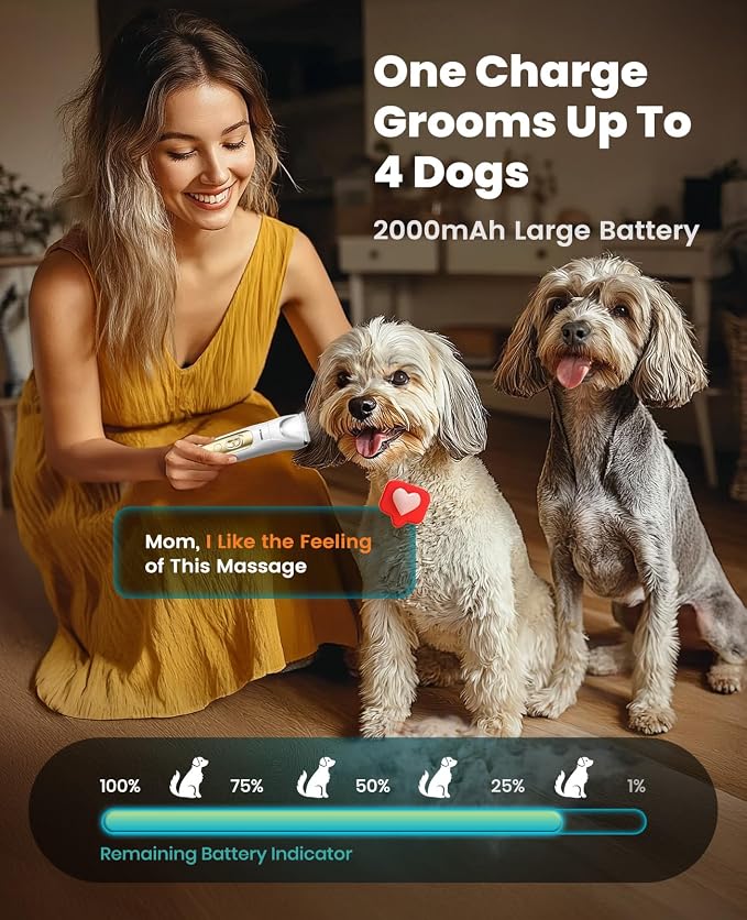 oneisall Quiet 4-in-1 Dog Grooming Kit with LED Light | Storage Bag, Clippers & Nail Grinder, Cordless, 3.7 hrs Runtime, LED Display, Safe for Paw, Nail, Face, Ears, Legs, Body