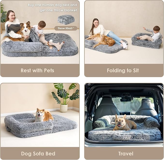EHEYCIGA Foldable Human Dog Bed, 72"x44"x11" Orthopedic Memory Foam Human Sized Dog Bed, Waterproof Pet Bed for People, Faux Fur Pet Couch for Adult with Non-Slip Bottom, Grey