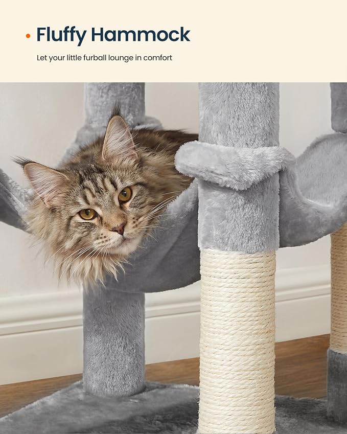SONGMICS HOME Cat Tree for Indoor Cats, Multi-Level Cat Tower with Sisal Scratching Posts, Hammock and Condo, Light Gray