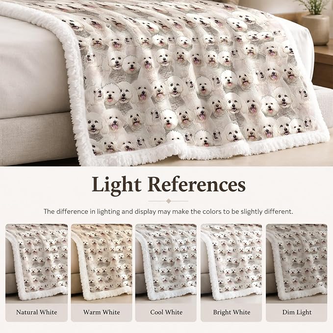 BlessLiving Bichon Frise White Throw Blanket with Dense Dog Patterns Sherpa Fleece Blanket Couch Bed, Soft Cozy Warm Pet Blankets for Puppy Lovers Cute Animal Print Gift 60x80 Inches