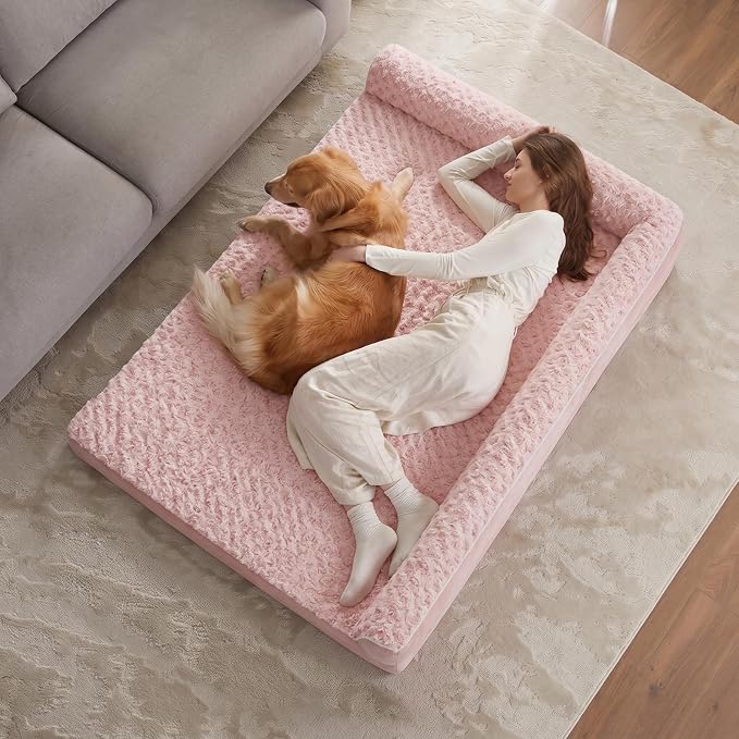 BFPETHOME Orthopedic Washable Dog Bed, Sleeping Couch for Large Senior Dogs | Deluxe Plush Rose Velvet Washable Cover, Egg Crate Foam Support, Waterproof Lining, Non-Slip Bottom, Senior Dogs