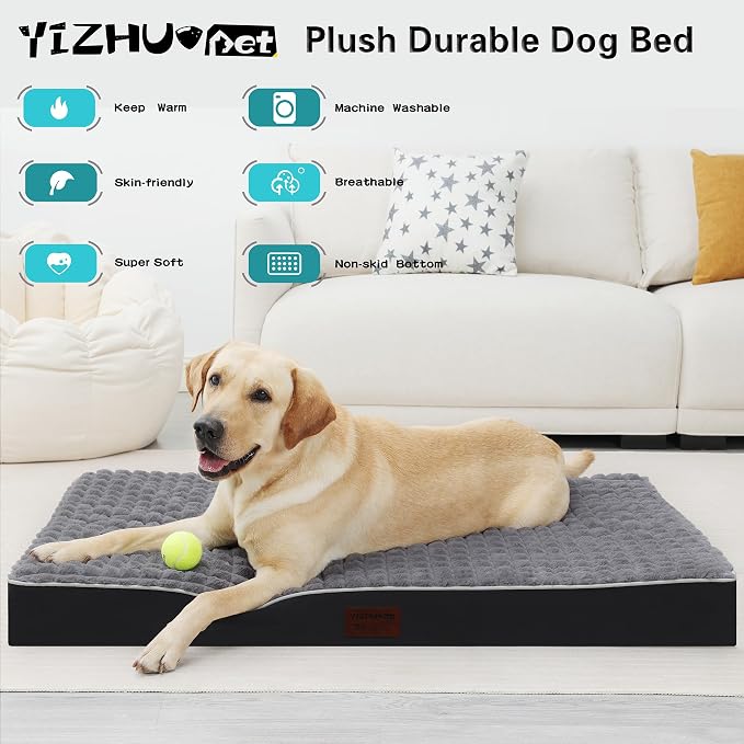 Orthopedic Rabbit Plush Cover Dog Bed,Big XLSized Dog 42''X30''x4'' Soft Waterproof Egg Foam Pet Crate Beds Mat or Kennel Pads with Removable Washable Cover,Non-Slip Bottom,Grey