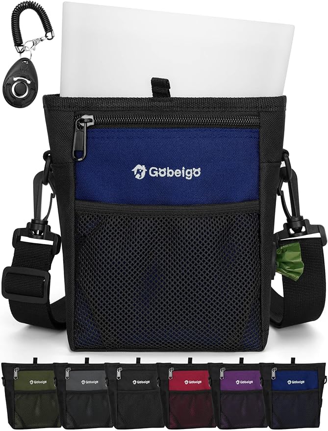 4 Cup Dog Treat Pouch with Silicone Insert Bag& Clicker(Navy Blue) | 2 Pair Magnetic Closures, Belt Clip/Waist Belt/Crossbody Wear, Zipper Pocket Poop Bag Holder for Pet Training/Daily Walking