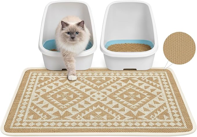 Bienbee Cat Litter Mat, 33" x 22" Litters Box Mat Machine Washable Less Waste Waterproof Litter Mats, Non-Slip Cat Litters Trapping Mats Easy to Clean Linen Geometric L