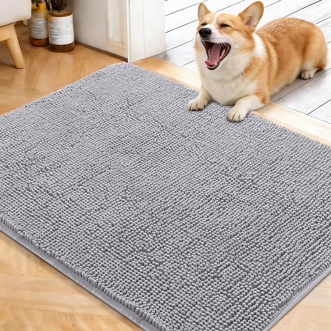 OLANLY Dog Door Mat for Muddy Paws 40x32, Super Absorbent Chenille Mud Mat | Light Grey, Absorbs Moisture and Dirt, Non-Slip Machine Washable Doormat, Quick-Drying Indoor Entryway Floor Carpet for Dogs