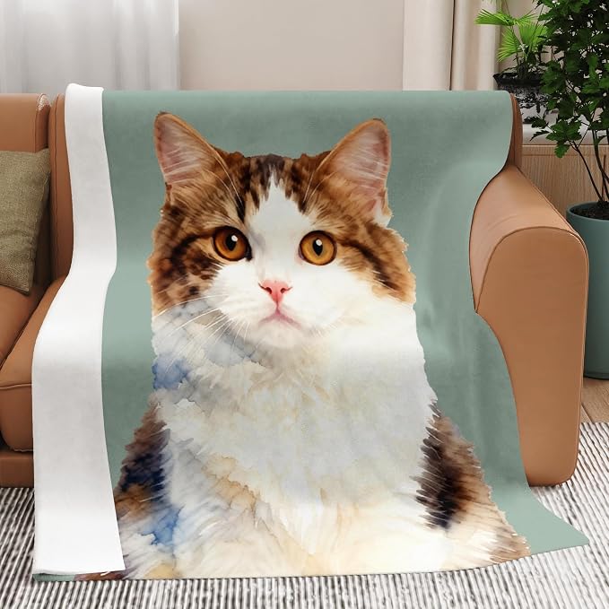 Custom Gifts for Cat Dad Mom Personalized Fleece Throw Blanket with Pet Portrait Picture & Name Cute Cozy Soft Warm Unique Gifts for Pets Lover (Watercolor Style)