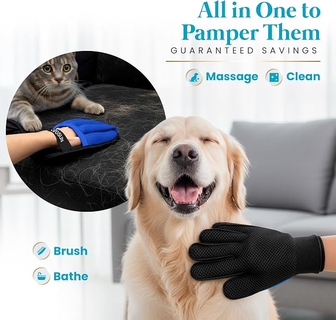 Cat Grooming Kit for Shedding – Deshedding Gloves + Self-Cleaning Mitt | Pet hair remover set for shedding - brush gloves for cats & dogs with long or medium coats, self-cleaning mitt
