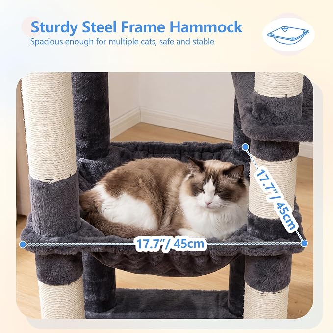 Heybly 53.1" Corner Cat Tree for Large Cats – Interactive Play HCT029G | Sturdy Cat Tower with Cozy Cat Condo, Fan-Shaped Top Perch, Basket, Hammock & Solid Base, Smoky Gray