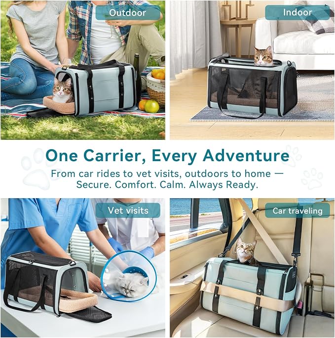 PETSFIT Large Cat Car Carrier with Patented Safety Buckles(19 x 12 x 12) – Roomy Escape-Proof for Safe Driving, Lockable Zippers & Safety Tether, Soft-Sided Travel Carrier for Road Trips & Vet Visits