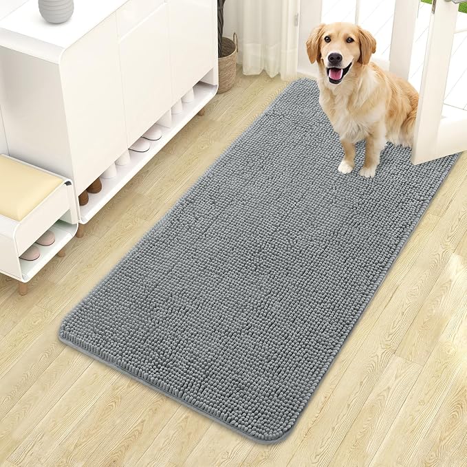 OLANLY Dog Door Mat for Muddy Paws 44x24, Super Absorbent Chenille Mud Mat | Grey, Absorbs Moisture and Dirt, Non-Slip Machine Washable Doormat, Quick-Drying Indoor Entryway Floor Carpet for Dogs
