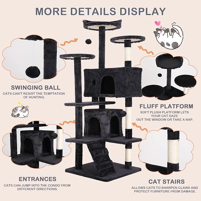 Heavy Duty Cat Tree Tower, 54" Tall Cat Tower for Indoor Cats with Cat Scratching Post with Bed, Cat Condo, Hanging Ball, Multi-Level Cat Climbing Tower Cat Trees Furniture Activity Center, Dark Grey