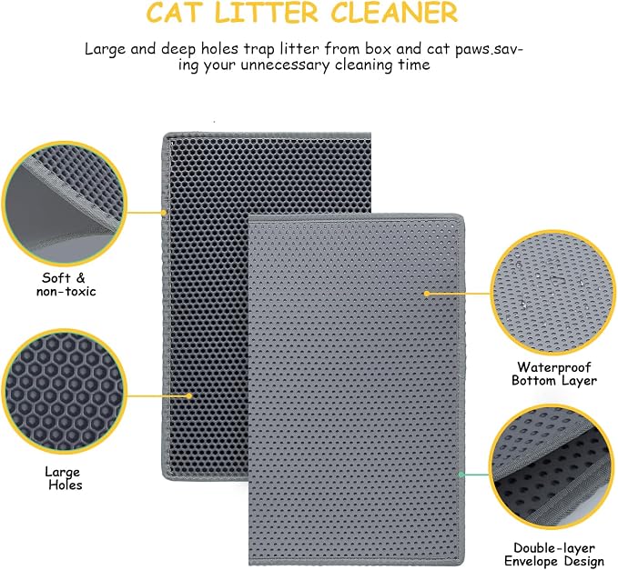 Cat Litter Mat, Litter Box Mat, Large Double Layer Waterproof Proof Trapping mat, Non-Slip Design, Kitty Litter Rug, Cat Supplies, Easy to Clean, 24x15 Inch, Grey, Pack of 1