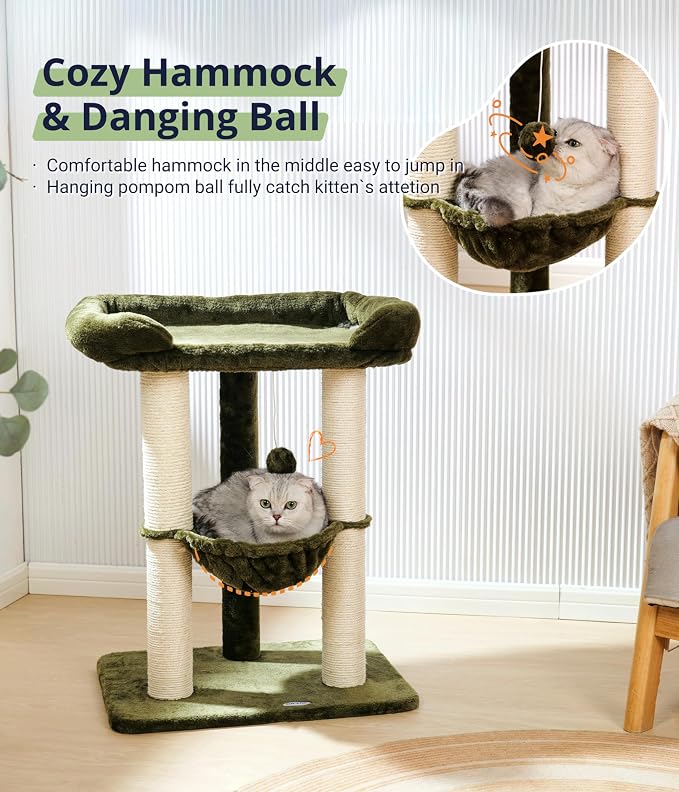 Happi N Pets 28" Cat Tree, Large Bed for Big Cats, Small Cat Tower with Soft Perch for Window Viewing, Stable Cat Tree Tower, Cat Scratching Post with Hammock, Removable Cover-Green