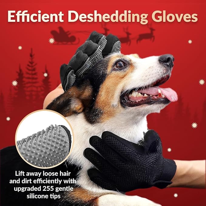 Pet Hair Removal Glove with 255 Silicone Tips for Dogs & Cats, Right Gray | 2-in-1 Deshedding & Massage Mitt, 5-Finger Flexible Design, for Bathing & Grooming, Safe for Long/Short/Curly Hair Pets