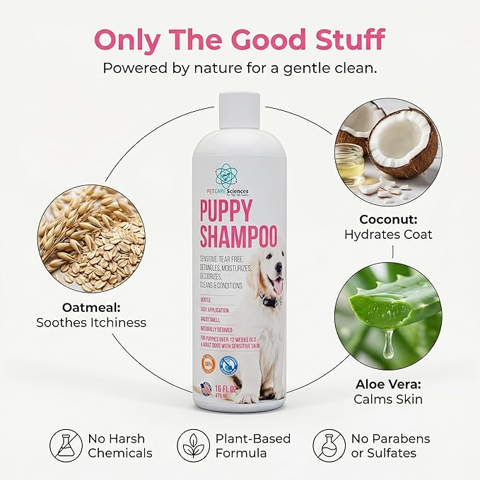 16 fl oz Tearless Puppy Shampoo and Conditioner - Dog Shampoo Itchy Skin Relief - Coconut Oil Oatmeal Shampoo for Dogs - Hypoallergenic Dog Shampoo Sensitive Skin, Made in the USA.