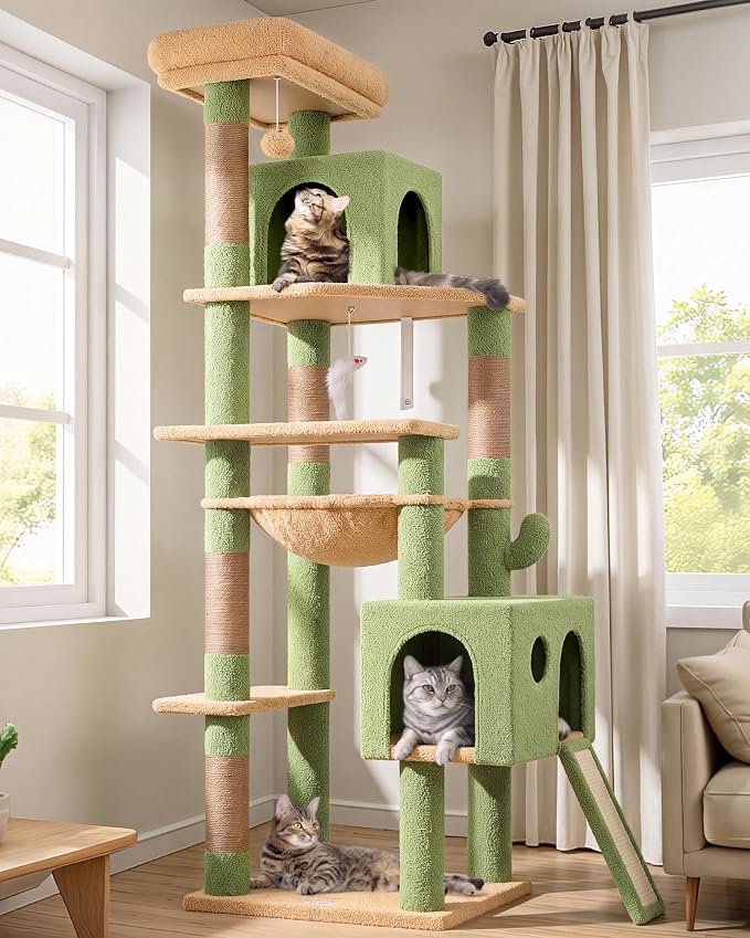 Globlazer Large Cactus Cat Tree Tower, 70in Tall Heavy Duty Green Cat Tree for Indoor Cats Sturdy Cat Tower with Scratching Post and Board, Hammock, Cat Condos for Adult Cats Kittens, F70 Pro, Green