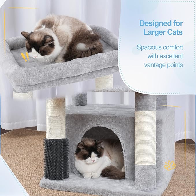 Hey-brother Cat Tree Tower with Extra Large Platform, Big Condo, MPJ070W | 51.1 Inches Scratching Posts with 2 Cozy Hammocks, Self-Grooming Brush for Indoor Adult Cats, Maine Coon, Light Gray