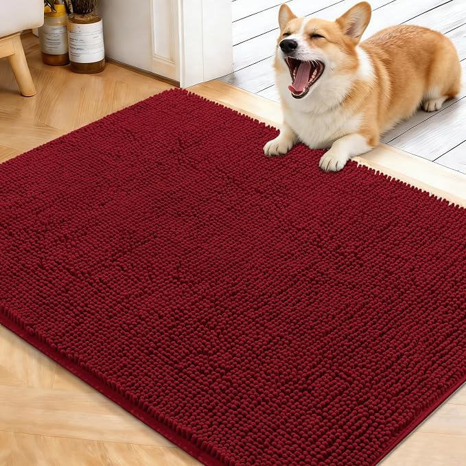 OLANLY Dog Door Mat for Muddy Paws 40x32, Super Absorbent Chenille Mud Mat | Red, Absorbs Moisture and Dirt, Non-Slip Machine Washable Doormat, Quick-Drying Indoor Entryway Floor Carpet for Dogs