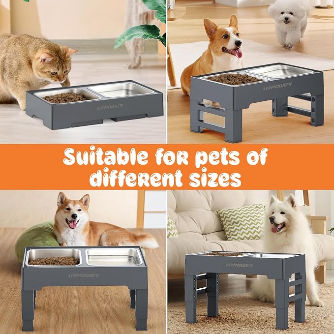 URPOWER Raised Dog Bowls 4 Height Adjustable Elevated Bowl Stand | Stainless Steel Water Bowl Non-Slip Dog Food Bowls Stand for Small Medium Large Dogs and Pets