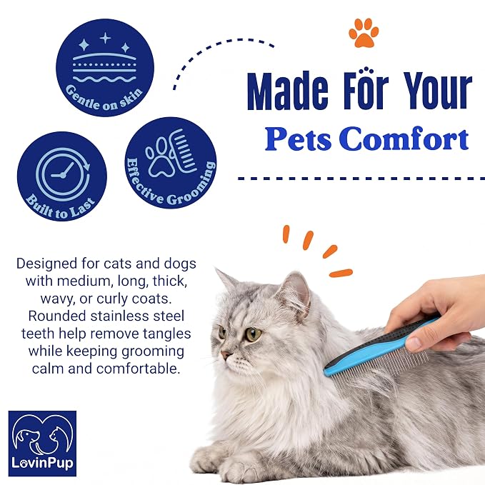 Pet Metal Comb for Dogs and Cats (2-Pack) – Detangling Comb | Stainless Steel Rounded Teeth for Painless Detangling – Dual-Spacing w/Comfort Grip Handle – Professional Grooming Tools