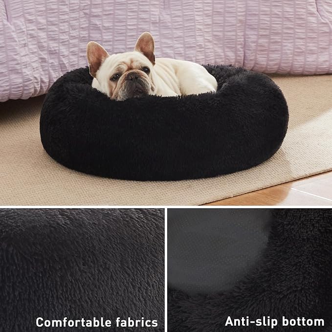 Love's cabin Calming Cat Bed for Indoor Cats, Anti-Anxiety Donut Round Dog Bed,Fluffy Faux Fur Washable Pet Bed for Small Medium Dogs and Cats, Black, 24in