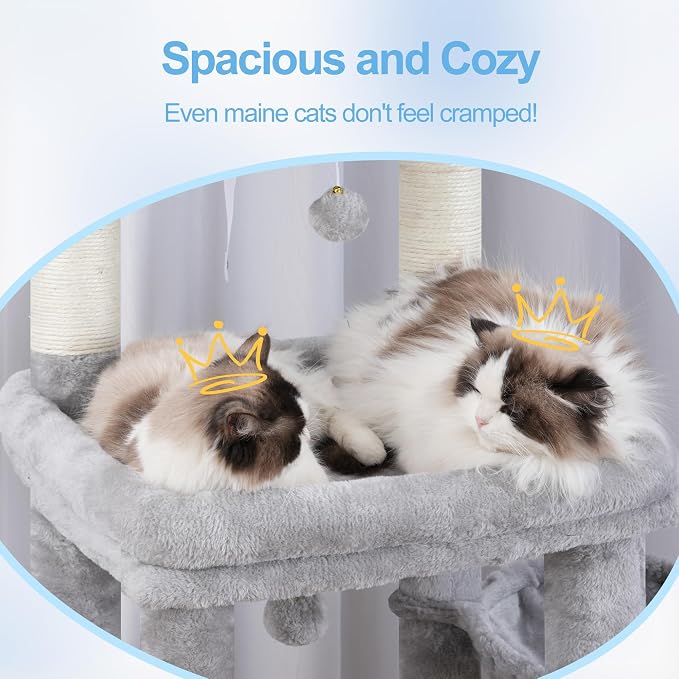 Hey-brother Cat Tree Tower with Extra Large Platform, Big Condo, MPJ070W | 51.1 Inches Scratching Posts with 2 Cozy Hammocks, Self-Grooming Brush for Indoor Adult Cats, Maine Coon, Light Gray