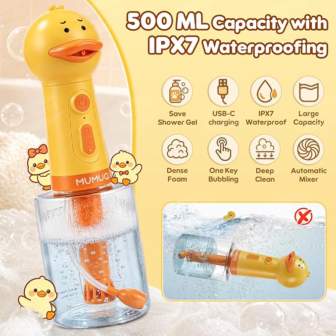 Electric Dog Shampoo Dispenser 500ml Rechargeable Duck-Shaped Pet Bath Dispenser with Auto-Mix Motor & 2 Adjustable Silicone Brushes, IPX7 Waterproof Dog Shampoo Frother for Gentle Cleaning
