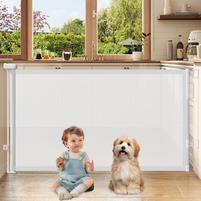 Retractable Baby Gates for Doorways, 58" Extra Wide Mesh Child Dog Gate for Stairs, 34" Tall Toddler Pet Gate Indoor and Outdoor, Easy Install, Home Necessity, White