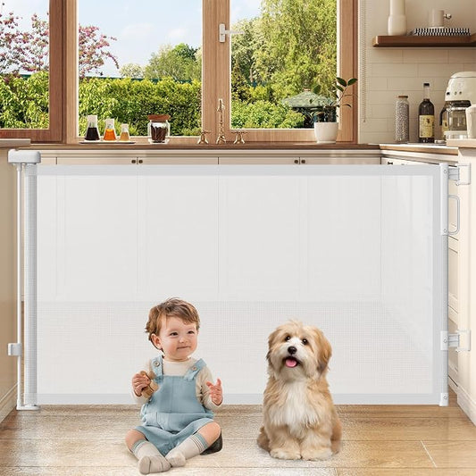 Retractable Baby Gates for Doorways, 58" Extra Wide Mesh Child Dog Gate for Stairs, 34" Tall Toddler Pet Gate Indoor and Outdoor, Easy Install, Home Necessity, White