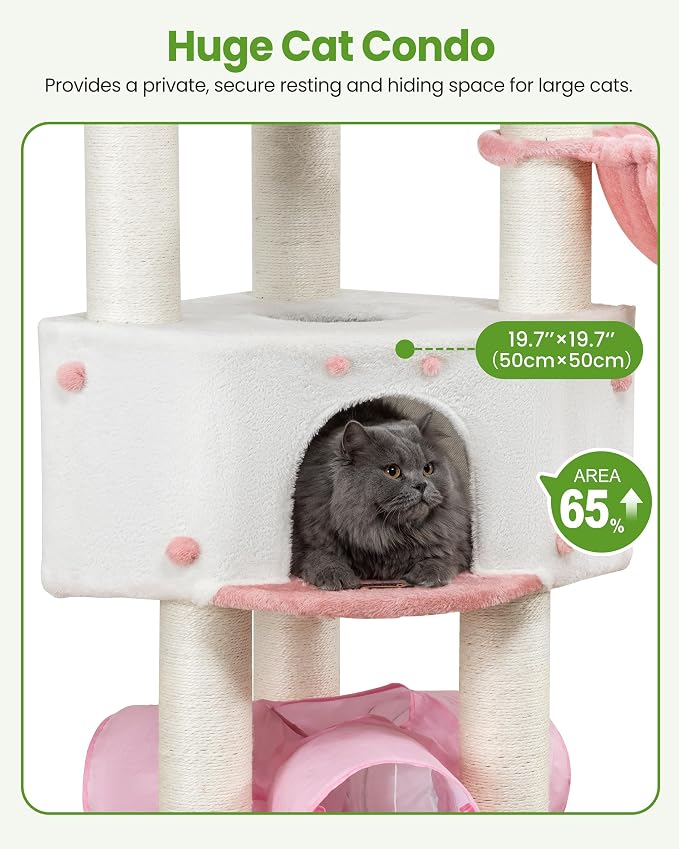 Cat Tree Tower for Large Cats Adult - 60 Inch XXL Sturdy Heavy Duty Extra Wide Scratching Posts (φ4.4in) Condo - Indoor Big Cat House Hammock Perch - XL Wood Multi Level Feline Pet Bed Trees Houses
