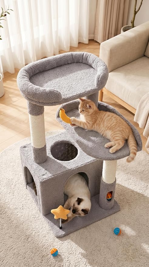 30" Cat Tower for Kittens, Compact Light Gray Cat Tree Indoor | Plush Finish, Cozy Condo, Soft Top Perch, Sisal Scratching Post, Dangling Ball Toy, Anti-Tip Base, for Cats up to 15 lbs