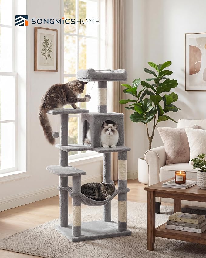 SONGMICS HOME Cat Tree for Indoor Cats, Multi-Level Cat Tower with Sisal Scratching Posts, Hammock and Condo, Light Gray