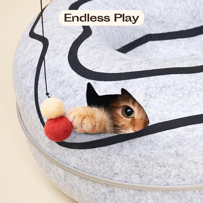 Peekaboo Cat Cave Donut - Cat Tunnel Bed for Indoor Cats – Cute Patterns Hideaway for Multiple & Large Cats, Scratch-Resistant (Light Gray)