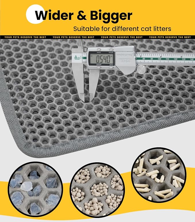 Cat Litter Trapping Mat, 24"x18" Universal Fit Litter Box Floor Mat, Hexagon Grids & Anti-Leak Base, Machine Washable, Non-Slip Kitty Mat for Most Homes, Gray