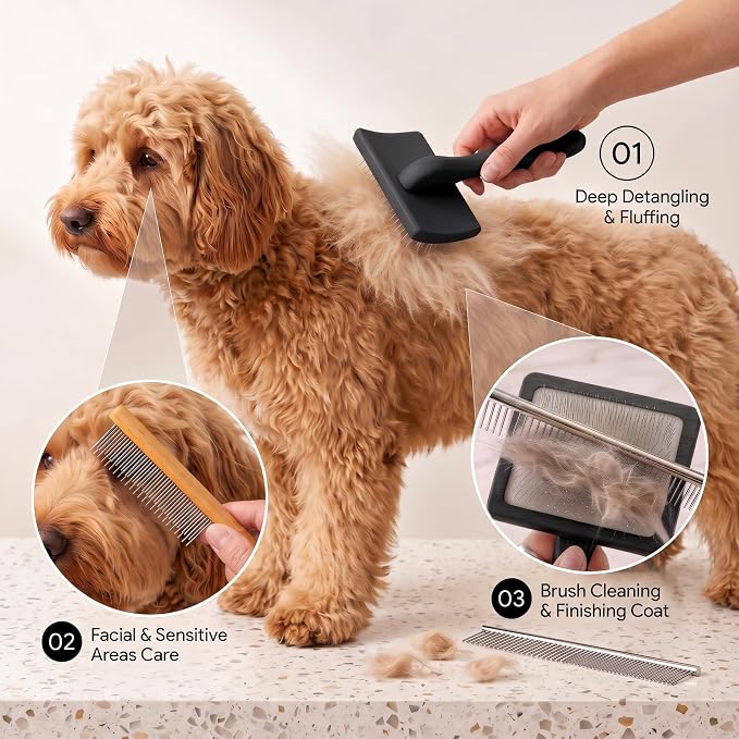 Wooden Slicker Brush Set for Goldendoodles Poodles Long Hair | Dog Brush Set for Bernedoodles, Aussies & Shelties. Perfect for Daily Detangling of Long Thick Hair to Prevent Matting.