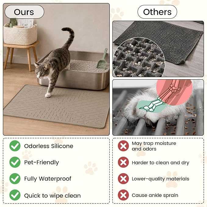 OHMO Cat Litter Mat, 23.5x16 Silicone Trapping Mat Beige | for Kitty Litter Box, Easy Clean, BPA Free Rubber, Center Litter Collection, Easy Pour-Back, Waterproof, Odor-Resistant