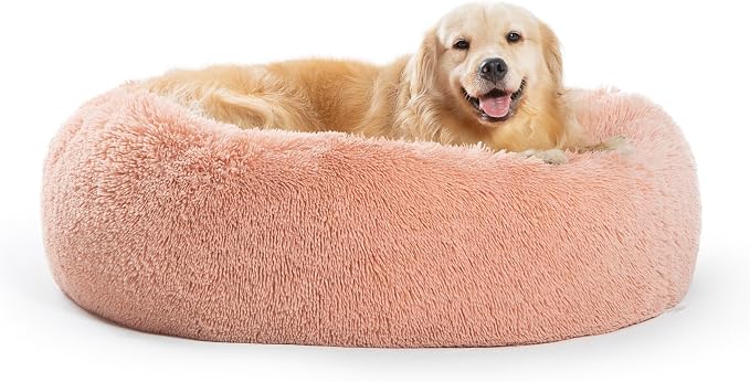 SAVFOX 36 inches Calming Donut Dog Bed - 3X Durable Plush Faux Fur, Machine Washable & Non-Slip, Fits up to 100 lbs, Pink