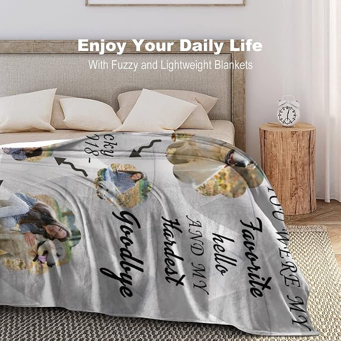 Personalized Throw Blanket Custom Blankets with Dog Photo Name Hello and Goodbye Soft Fleece Blanket for pet Memorial Gifts 4 Photos Collage