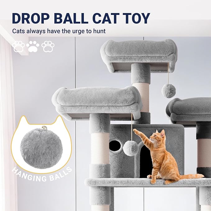 Allewie 82 Inches Large Cat Tree/House/XXL Tall Cat Towers for Big Feline/Scratching Post/Multi-Level Large Kitty Climbing Tree with Condo/Light Grey