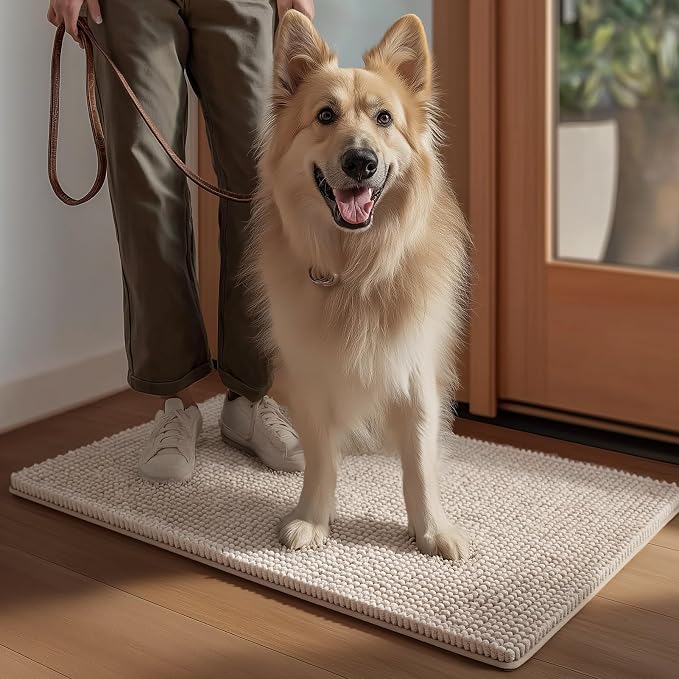 EHEYCIGA Super Absorbent Dog Door Mat for Muddy Paws 48x30 Inch Indoor, Front Doormat Outside Entrance, Quick Dry Chenille Washable Dog Crate Bed, Non-Slip Pet Rug Mud Mat Outdoor Entryway, Beige