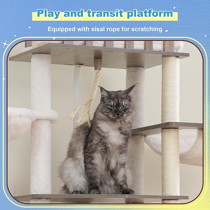 Hey-brother Wooden Cat Tree, Furniture Tower with Large Platforms, MPJ121SG | 69.7 inch, Modern Full Sisal Scratching Posts, Hammocks, Spacious Condo, Ladder, Brush, Water Proof Surface, Rustic Gray