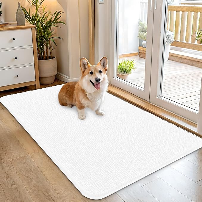 OLANLY Dog Door Mat for Muddy Paws 45x27, Super Absorbent Chenille Mud Mat | White, Absorbs Moisture and Dirt, Non-Slip Machine Washable Doormat, Quick-Drying Indoor Entryway Floor Carpet for Dogs