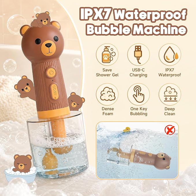 Dog Foam Maker, Rechargeable Pet Bath Foam Dispenser Cartoon Bear 400ml Soap Sprayer with 1200mAh Battery, IPX7 Waterproof Dog Shampoo Frother for Gentle Cleaning, Multi-Use for Home & Outdoor, Brown